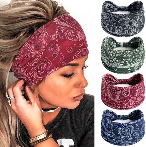 Olbye Wide Boho Headbands Floral Stretch Head Wraps Bohemian African Turban Hairbands Knotted Bandana Headband Yoga Running Head Scarfs Workout Hair Accessories for Women 4Pcs (Bohemian, 9.4 * 5.9'') by Olbye