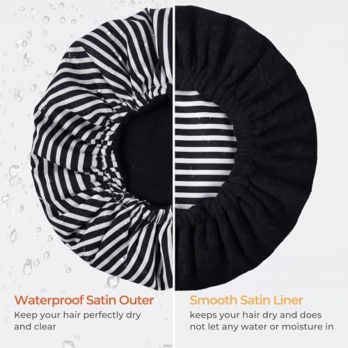 Shower Cap for Men Black Bath Cap, Reversible Terry Lined Large Waterproof Adjustable Shower Caps Elastic Band Stretch Hem Hair Hat for braids - Image 5