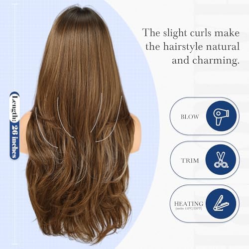 HAIRCUBE Long Ombre Brown with Highlight Wig with Bangs Layered Curly Wigs for Women Natural Synthetic Wigs for Daily Use (pelucas de cabello natural) - Image 5