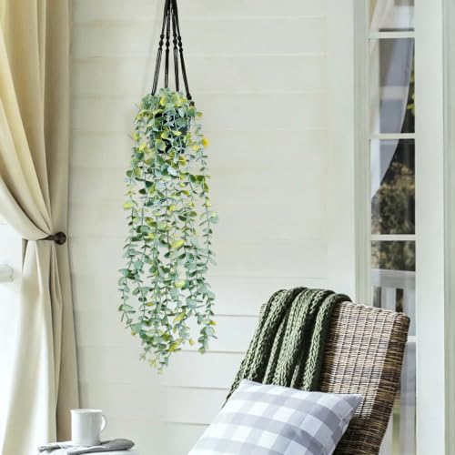 LOYWREE Fake Hanging Eucalyptus Plants Small Potted Long Vine Plants Indoor for Vintage Boho Farmhouse Bathroom Office Desk Wall Shelf Room Aesthetic Decor (Black Pot) - Image 4