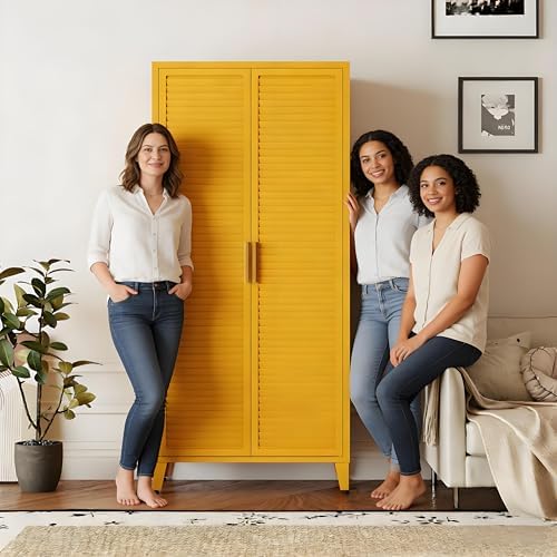 61" Tall Metal Pantry Cabinet with Lock and 3 Adjustable Shelves,Freestanding Heavy Duty Steel Storage Locker,Yellow Metal Cabinets for Kitchen,Living Room,Home 61" H X 27.6" W X 13.8" D - Image 2