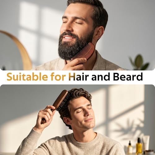 STYLEMATE Mens Boar Bristle Hair Brush Comb Set, Slick Back Mens Hair Brush with Stiff Bristles for Fine Hair, Beard Brush with Natural Black Walnut Wooden Gold Sandalwood Handle - Image 3