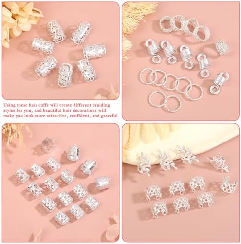 Lucomb 220 Pcs Silver Hair Jewelry for Braids, Loc Jewelry for Hairs Dreadlock, Hairs Charms for Women, Metal Braid Rings Cuffs Clips for Dreadlock Accessories Hair Braids Accessories Decorations - Image 4