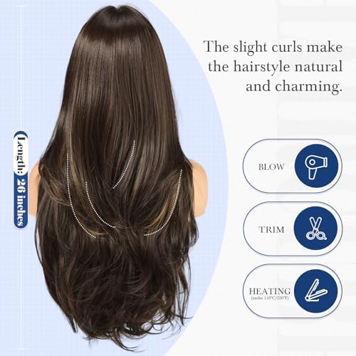 HAIRCUBE Long Brown Wig with Bangs Layered Curly Wigs for Women Natural Synthetic Wigs for Daily Use (pelucas de cabello natural) - Image 5