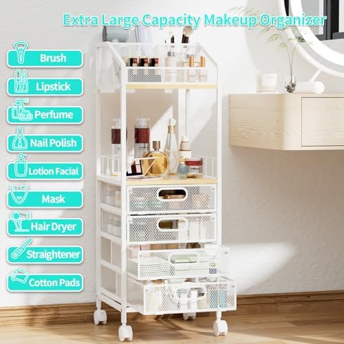 HapiRm Rolling Cart Makeup Organizer - Metal Makeup Cart with Wheels and Drawers for Small Spaces & Messy Vanities, Space-Saving Beauty Cosmetics Cart Storage Cabinet Stand for Perfume Hair Tools - Image 4