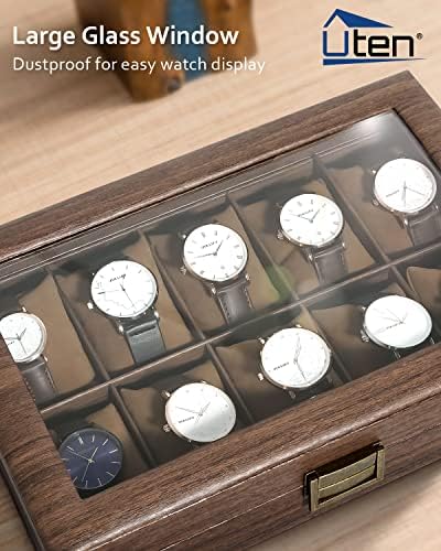 Uten Watch Case for Men 10 Slots, with Glass Lid, Wood Grain PU Leather - Image 3