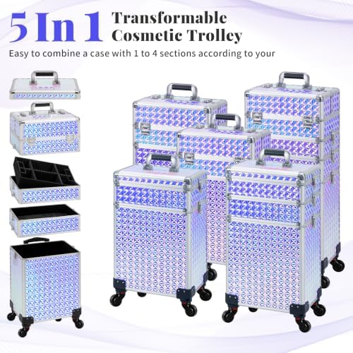 AROUS 5 in 1 Rolling Makeup Train Case with Lid Cosmetology Case on Wheels - Image 2