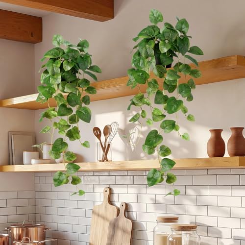 Fake Pothos Hanging Plant - Set of 2 Artificial Plants Indoor with Pots, Silk Faux Greenery Ivy for Outdoor, Fake Potted Plants for Wall Farmhouse Room Decor, Green 33In - Image 3