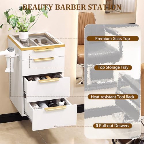 OmySalon Salon Station, Wall Mount Salon Stations for Hair Stylist, Barber Cabinet with Glass Top, Drawers & Dryer Holder, Storage Furniture for Barbershop, Beauty SPA, White - Image 6