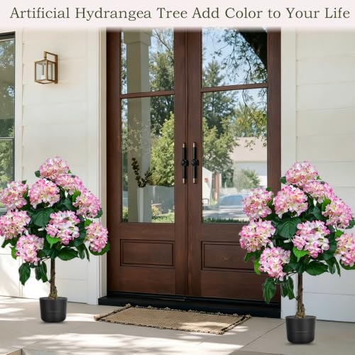 THKFUL 3FT Artificial Hydrangea Flower Tree with Natural Wood Trunk, Faux Pink White Floral Topiary Tree Potted for Indoor Home, Living Room, Wedding, Party Event Decor - Image 2
