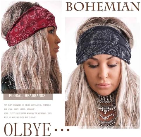 Olbye Wide Boho Headbands Floral Stretch Head Wraps Bohemian African Turban Hairbands Knotted Bandana Headband Yoga Running Head Scarfs Workout Hair Accessories for Women 4Pcs (Bohemian, 9.4 * 5.9'') - Image 3