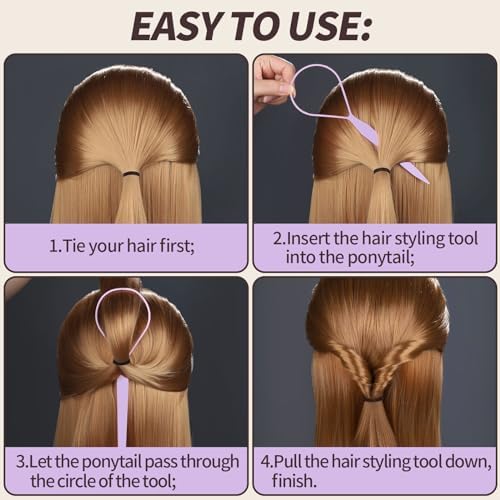 Teenitor 4pcs Pony Tail Hair Tools: 2 Pairs Pony Styling Loop, Pull Through & French Braiding Accessories for Women & Girls - Light Purple/White - Image 4