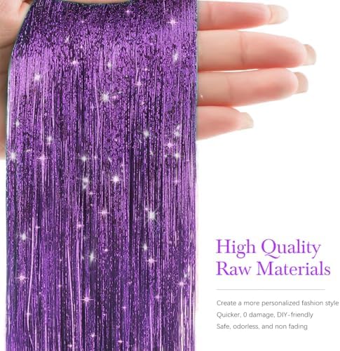 Hair Tinsel 8 Packs 1600 Strands 50 Inch Tinsel Hair Extensions Purple Heat Resistant Glitter Sparkling Shinny Fairy Hair Accessories for Women(Purple, 50Inch 8Packs) - Image 2