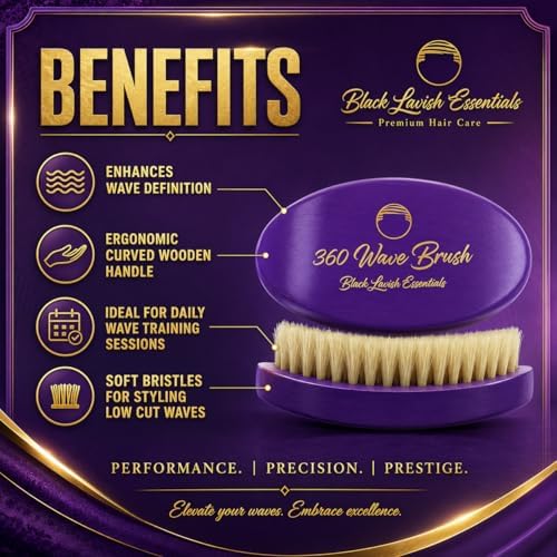 360 Wave Brush, Build Deeper Waves, Soft & Hard Boar Bristle Curved Brushes BLACK LAVISH ESSENTIALS Gold Bristle (Soft Brush, Purple) - Image 2