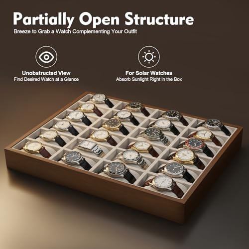 LOYALHEARTDY 24 Grid Watch Jewelry Tray Organizer Wooden Box Organizer Display Tray Watch Bracelet Display Holder with Removable Pillow for Men & Women Storage and Display - Image 5