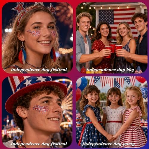 MEICOLY Red White and Blue Hair Glitter with Ribbon Strip Sequins,Patriotic 4th of July Face Glitter Accessories Outfit,Self-Adhesive Waterproof Fourth of July Sparkle Body Glitter for 2026 World Cup - Image 6