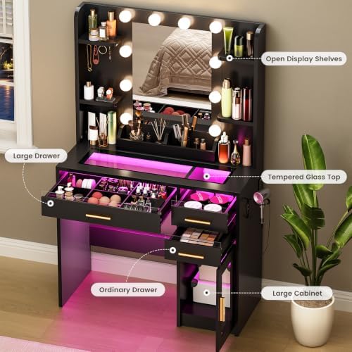 35.4" Makeup Vanity Desk with Mirror and Lights, Glass Top, 3 Drawers - Image 3