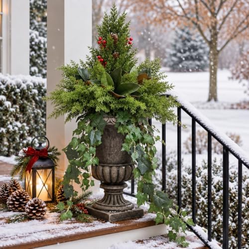 Christmas Artificial Cedar Plants Faux Winter Greenery for Outdoor Planters - Image 5