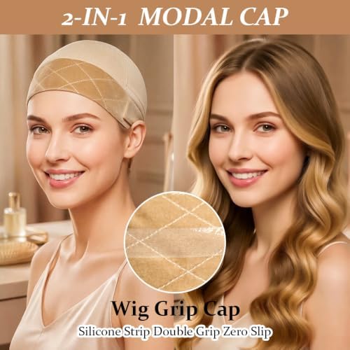 Wig Cap for Women Non Slip 2-in-1 Wig Grip Cap with Band Beige, 2 Packs - Image 2