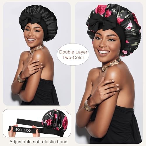 Satin Bonnet Silk Bonnet for Sleeping Silk Sleep Cap Double Layer Hair Bonnet with Elastic Tie Band for Curly Hair Night Cap - Image 2
