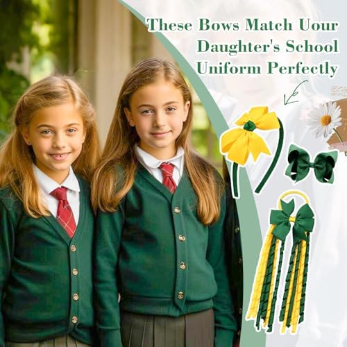 DEEKA Yellow & Green School Hair Accessories Set 13 Pcs Uniform Hair Bow Headband Clips Hair Ties Curly Korker Bows for Little Toddler School Girls (Yellow&Green) - Image 3