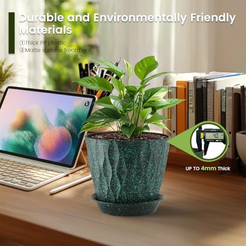 Meowell 7 inch Plant Pots for Indoor Outdoor Plants, 5 Pack Thick Flower Pots with Drainage Holes and Saucers, 3D Modern Wave Texture Plastic Planter Nursery Pots, Black with Green Speckles - Image 4
