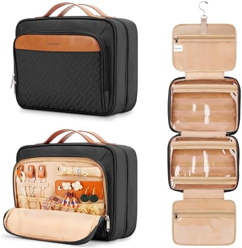 COOSKY Travel Hanging Toiletry Bag for Women, with Jewelry Organizer Compartment, Medium Waterproof Hanging Makeup Accessories, Cosmetic Essentials, Toiletries Dopp Kit Set with Trolley Belt, Black by COOSKY