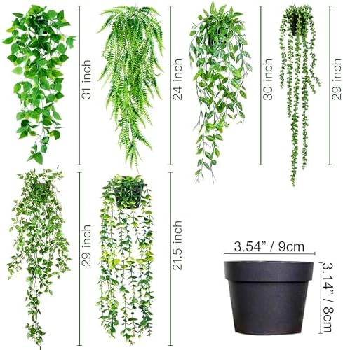 Sggvecsy Fake Hanging Plants 6 Pack Artificial Hanging Eucalyptus Plants Potted Greenery Faux Mandala Vine String of Pearls Boston Fern Ivy Vine Leaves Pea Pod for Home Indoor Outdoor Shelf Wall Decor - Image 5