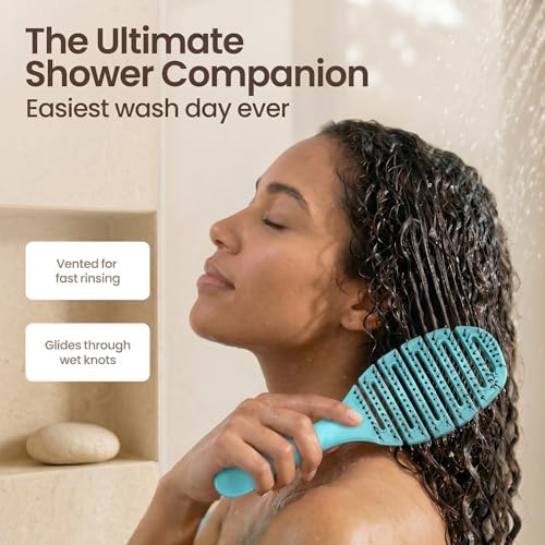 Earth & I Pain-Free Flex Detangler: Wet/Dry Curly Hair Brush, Teal Blue - Image 6