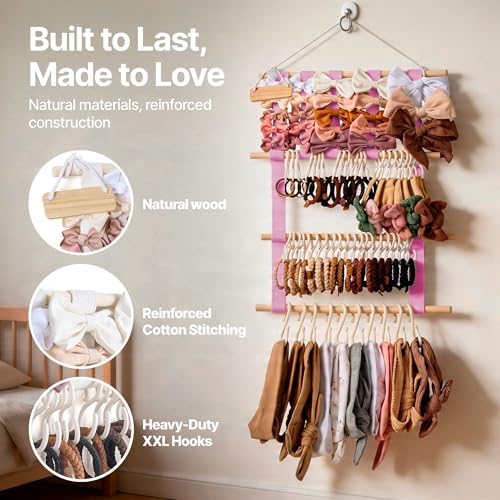 Bow Holder for Girls Hair Bows, Hair Bow Organizer, Headband Holders, Hanger Wall, Clip Organizer, Ribbon Storage for BabyGirl Nursery Wall Decor - Nametag, XXL Hooks, Stickers included - Pink - Image 5