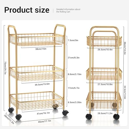 3 Tier Rolling Utility Cart, Storage Trolley Service Cart with Wheels Easy Assembly for Kitchen, Living Room, Office, Salon, Gold - Image 2
