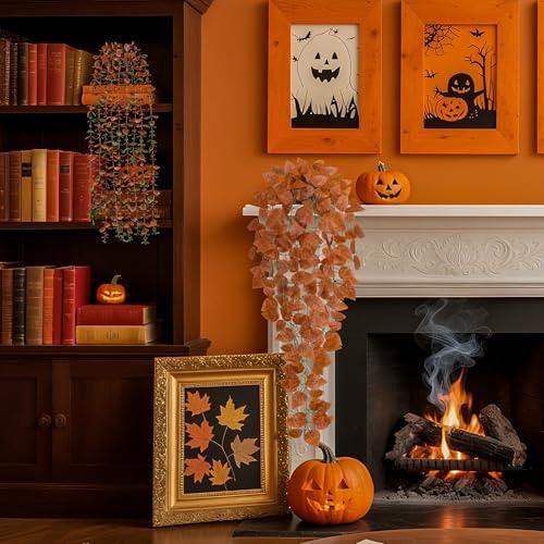 Der Rose 4 Pack Fake Fall Plants Hanging Orange Vines for Fall Wall Decor - Image 4