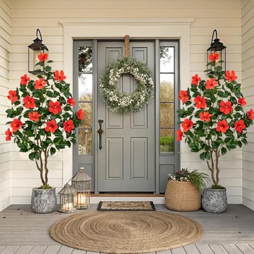 Briful 63" Artificial Hibiscus Trees 2 Pack, Faux Tropical Plants, Red - Image 2