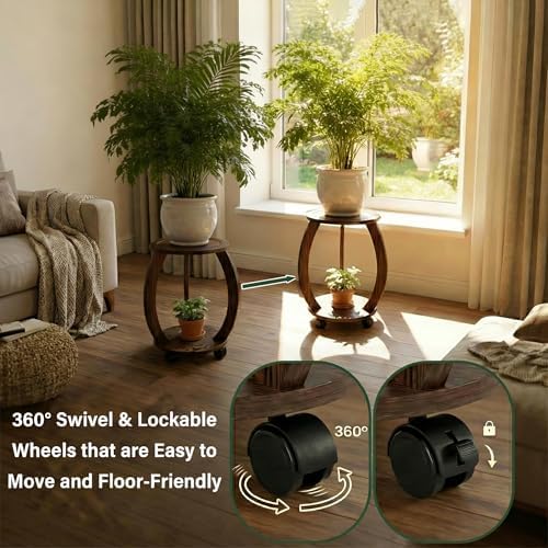 2 Tier Wooden Plant Stand Indoor with Wheels – Tall Plant Stand for 6-12 Inch Pots, Mid-Century Modern Rustic Plant Table Indoor, Pedestal Stand for Corner, Living Room, Balcony, Dark Brown - Image 5