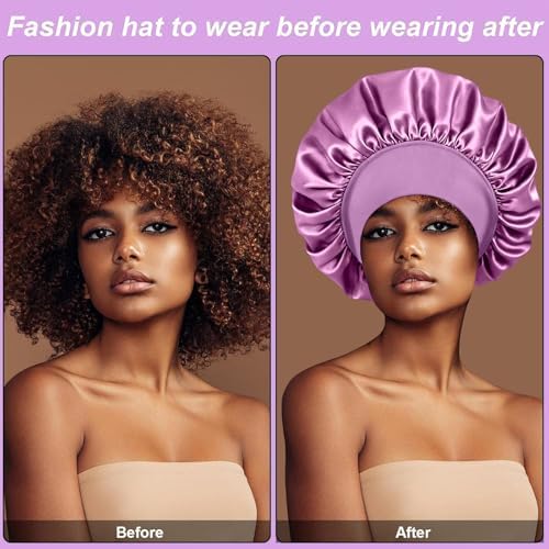 4Pcs Silk Satin Bonnets for Sleeping - Elastic Wide Band Wrap for Black Women Men,Silk Bonnets for Curly Hair,Large Hair Cap for Sleeping (Black+Purple+Blue+Green) - Image 2