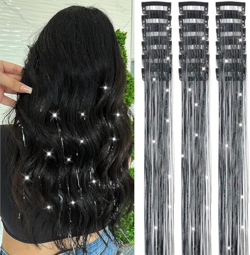 18 Pcs Hair Tinsel Clip in, 20.5 Inch Glitter Tinsel Hair Extensions, Shiny Sparkling Fairy Hair Tinsel Clips, Dazzling Party Hair Accessories for Girls Women Kids (Black) by Nielp