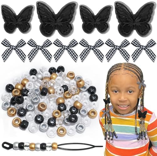 100pcs Hair Beads for Braids Gold Loc Dreadlock Hair Beads Black Gingham Mini Hair Bows Lace Embroidery Butterfly Hair Clips 3 Styles Y2K Hair Accessories for Women Girls by Arocooy