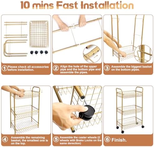 3 Tier Mesh Rolling Utility Cart, Gold Metal Organization Cart with Lockable Wheels, Multifunctional Storage Trolley Service Cart for Kitchen Living Room Office Salon - Image 5