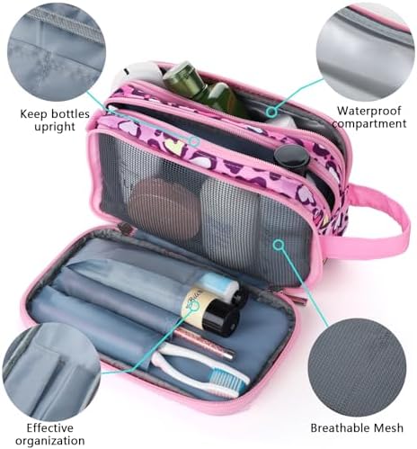 Cheetah Kids Toiletry Bag for Girls, Travel Toiletry Bag for Little Young Girls Cosmetic Bag Makeup Bag Waterproof Hanging Wash Bag Toddler Toiletries, Pink Leopard - Image 3