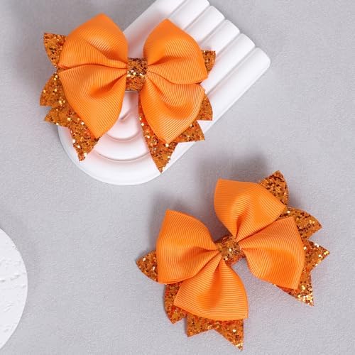 Sparkly Orange Ribbon Hair Bow Clips 2PCS 3.5" Boutique Glitter Sequin Dress Bow Alligator Hairpins for Teens Toddler Girls Kids Fall Give Thanks Gift Halloween Outfit Decor Accessory - Image 2