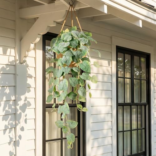 Artificial Plants Indoor - 2Pc Fake Hanging Plants with Pots, Modern Faux Pothos Ivy Plant for Outdoor, Artificial Silk Plant Greenery for Home Window Shelf Decor, White Green 33In - Image 4