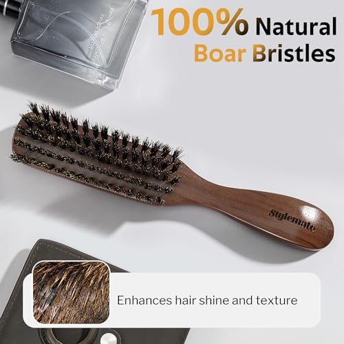 STYLEMATE Mens Boar Bristle Hair Brush Comb Set, Slick Back Mens Hair Brush with Stiff Bristles for Fine Hair, Beard Brush with Natural Black Walnut Wooden Gold Sandalwood Handle - Image 5