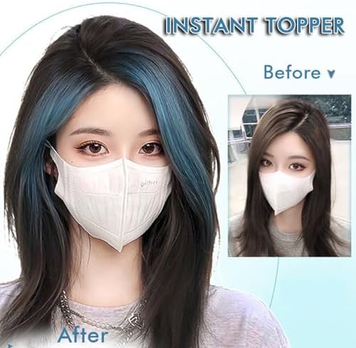 VAVANGA Hair Topper with Bangs Middle Part Black with Blue Highlight Color - Image 3