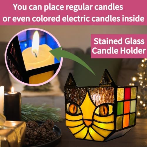 Yellow Cat Plant Pot with Drainage,Cute Planters for Indoor Plants,Stained Glass Cat Flower Pots,Fun Candle Holder Glass Container,Gifts for Gardeners Woman - Image 2