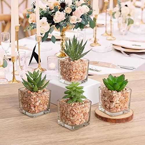 Briful Mini Fake Plants 4 Packs Succuletns Artificial Potted Plants in Cube Glass Vase Faux Succulents for Bathroom Living Room Kitchen Shelf Table Decor - Image 5