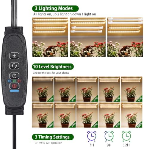 4 Head 9.4'' Grow Light Strips, 3000K Full Spectrum for Indoor Plants Plant Light with 3/9/12H Timer & 10 Dimmable Levels, LED Grow Lamp for Succulents, Seedlings,Hydroponics & Greenhouse - Image 3