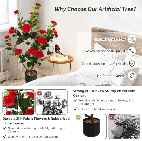Goplus 38’’ Artificial Camellia Tree, 2 Pack Flower Plants Artificial Tree - Image 5