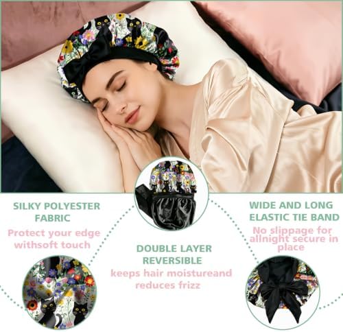 Satin Hair Braid Bonnet for Sleeping Double Layer Tie Band Elastic Wide Soft Silk Lined Nightcap Women Girls Cute - Image 3