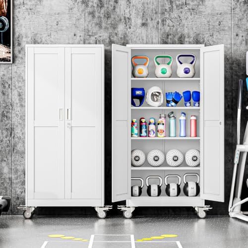 71" Metal Garage Storage Cabinet with Wheels and Locking Doors and Tall Rolling Steel Tool Cabinet with 4 Adjustable Shelves for Garage,Home,Office,Shop (White, 71''H x 30''W x15''D) - Image 5