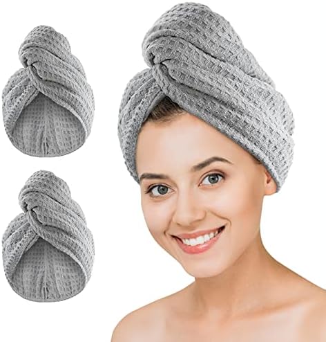 Microfiber Hair Drying Towel: 2 Pcs Waffle Long Hair Turban Wraps (Gray) by Dolwis